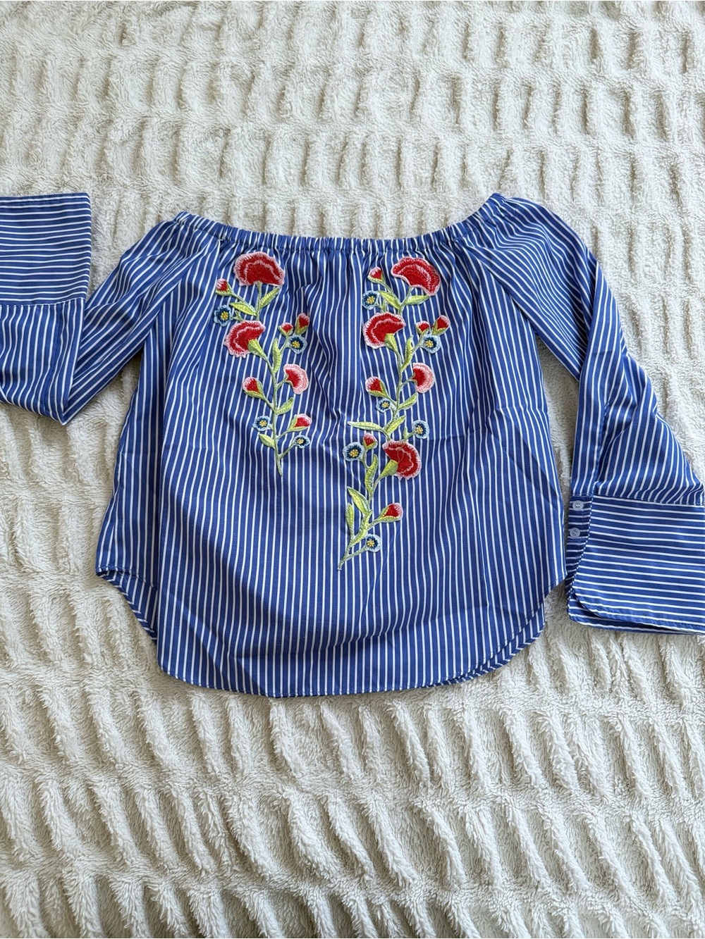 Forever 21 Blue Striped Floral Embroidered Off Shoulder Blouse Size S